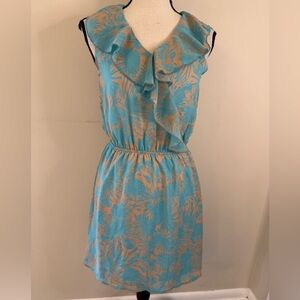 Peaches and cream teal & tan ruffled floral sleeveless fit & flare mini dress SM
